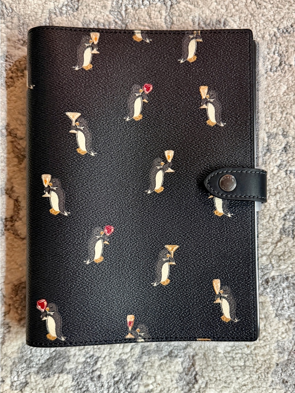 Coach Black Leather Penguin Print Snap Folio